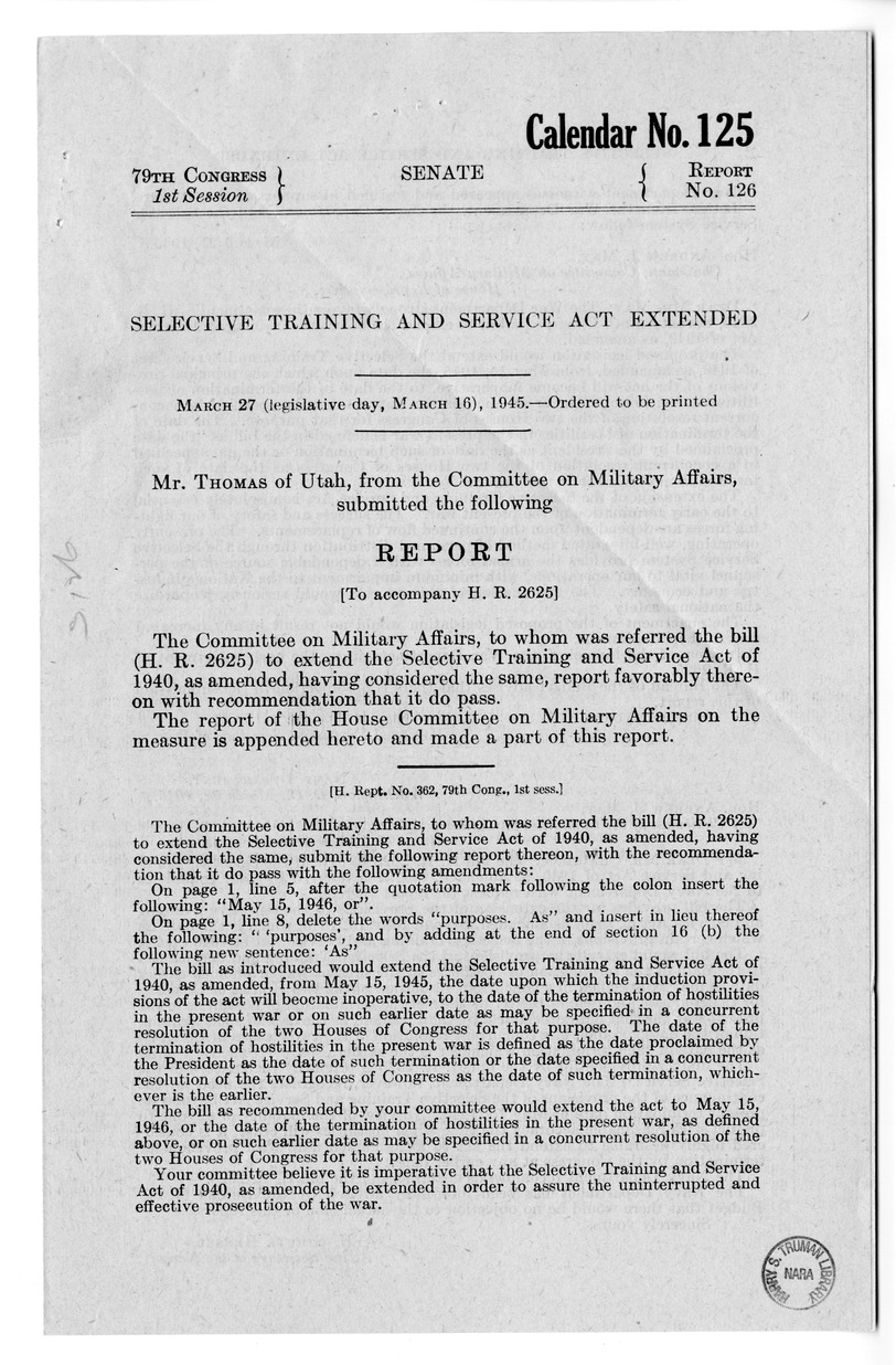 Memorandum from Harold D. Smith to M. C. Latta, H.R. 2625, Extend the Selective Training and Service Act of 1940, with Attachments