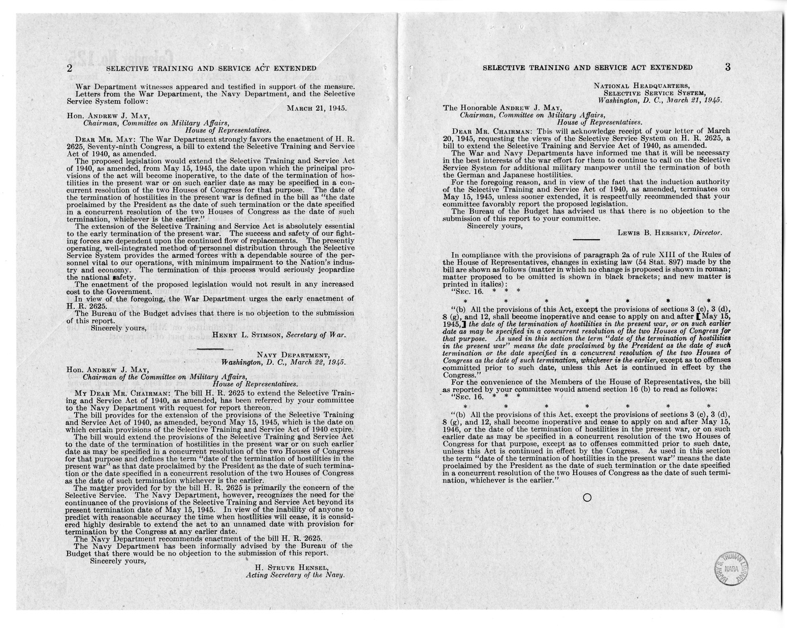 Memorandum from Harold D. Smith to M. C. Latta, H.R. 2625, Extend the Selective Training and Service Act of 1940, with Attachments