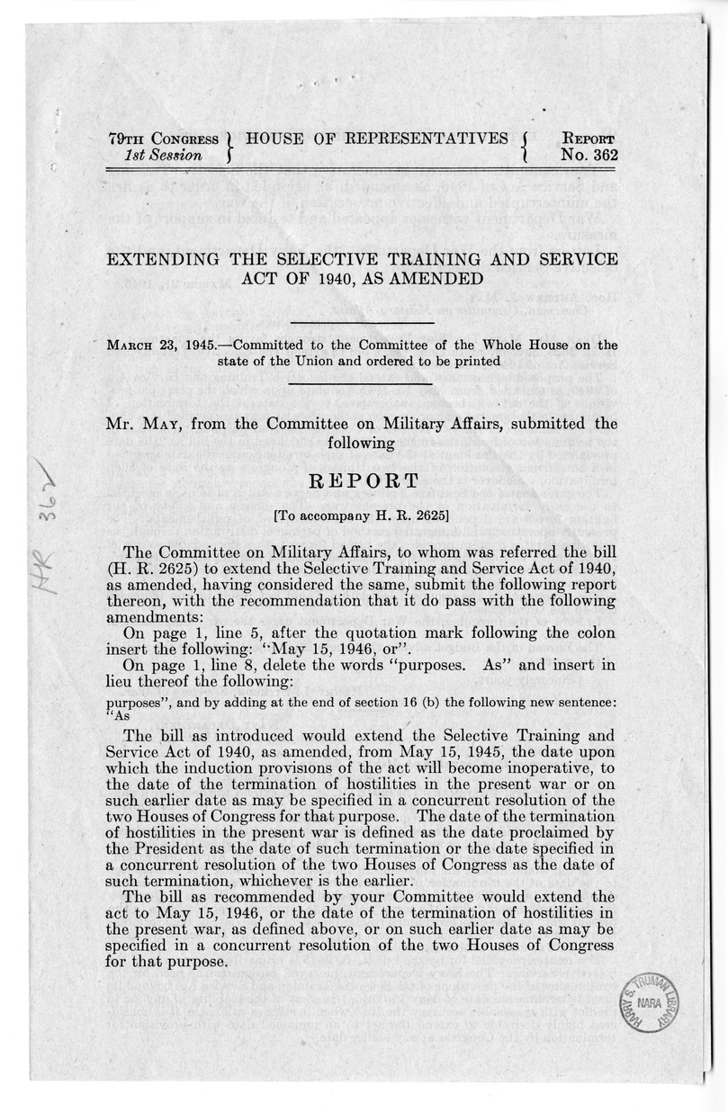 Memorandum from Harold D. Smith to M. C. Latta, H.R. 2625, Extend the Selective Training and Service Act of 1940, with Attachments