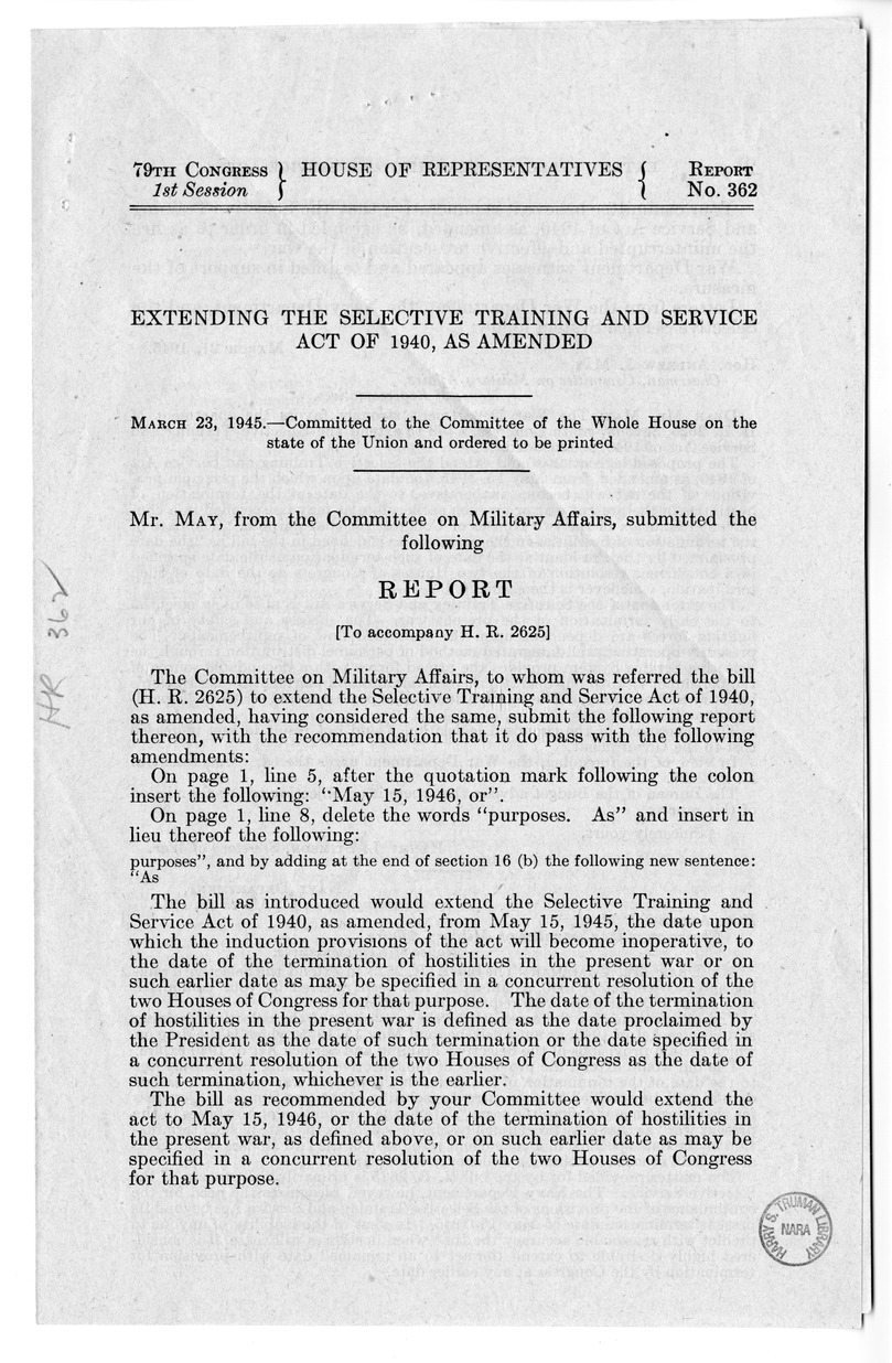 Memorandum from Harold D. Smith to M. C. Latta, H.R. 2625, Extend the Selective Training and Service Act of 1940, with Attachments
