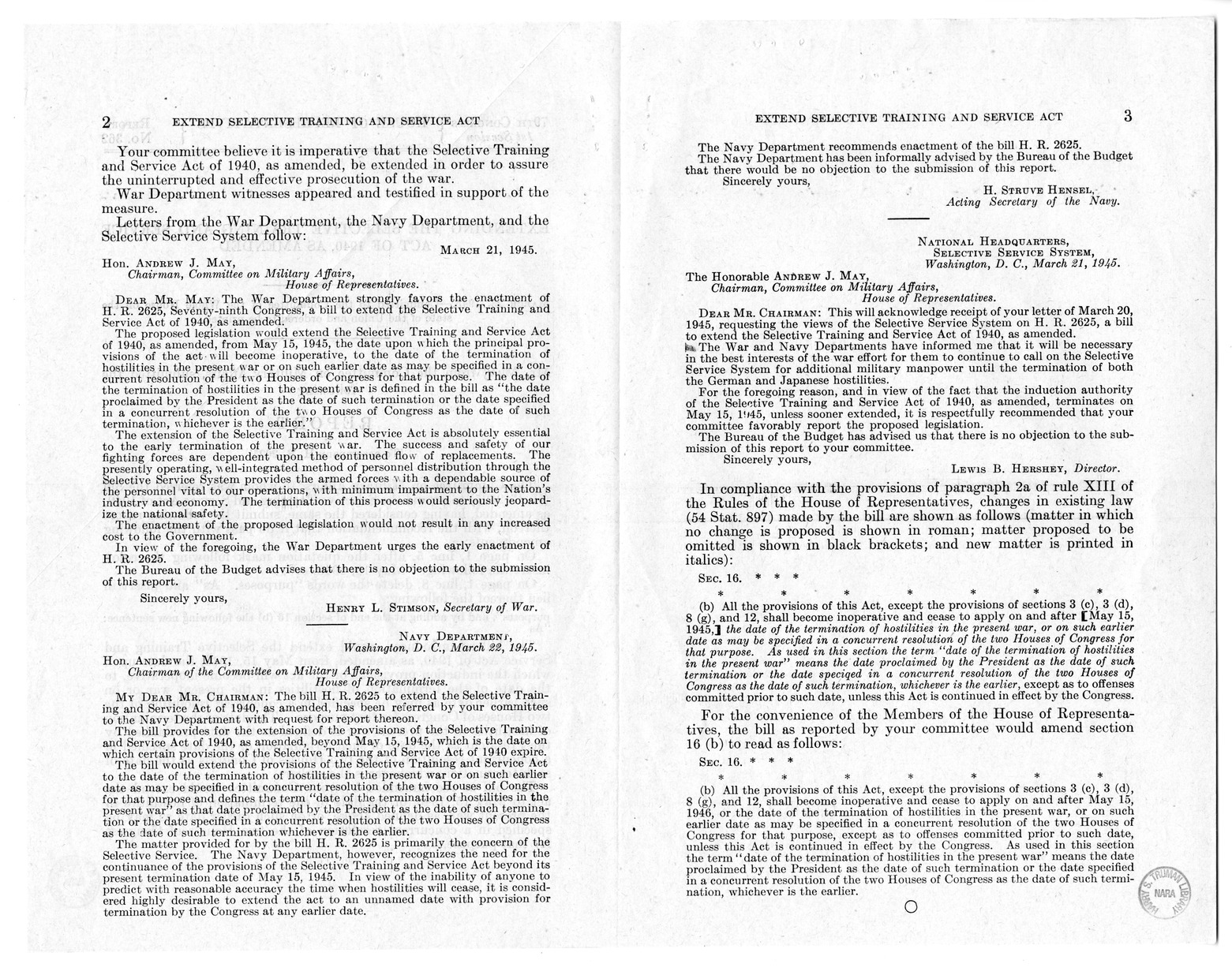 Memorandum from Harold D. Smith to M. C. Latta, H.R. 2625, Extend the Selective Training and Service Act of 1940, with Attachments