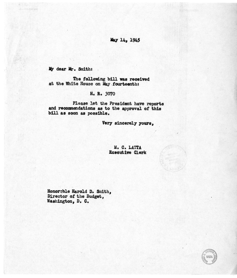 Memorandum from M. C. Latta to Harold D. Smith