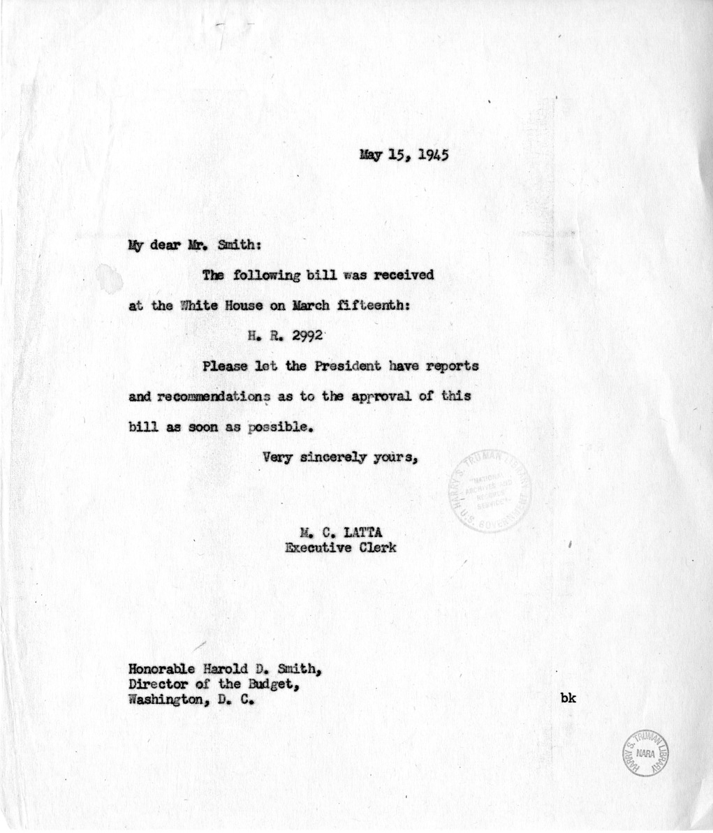 Memorandum from M. C. Latta to Harold D. Smith