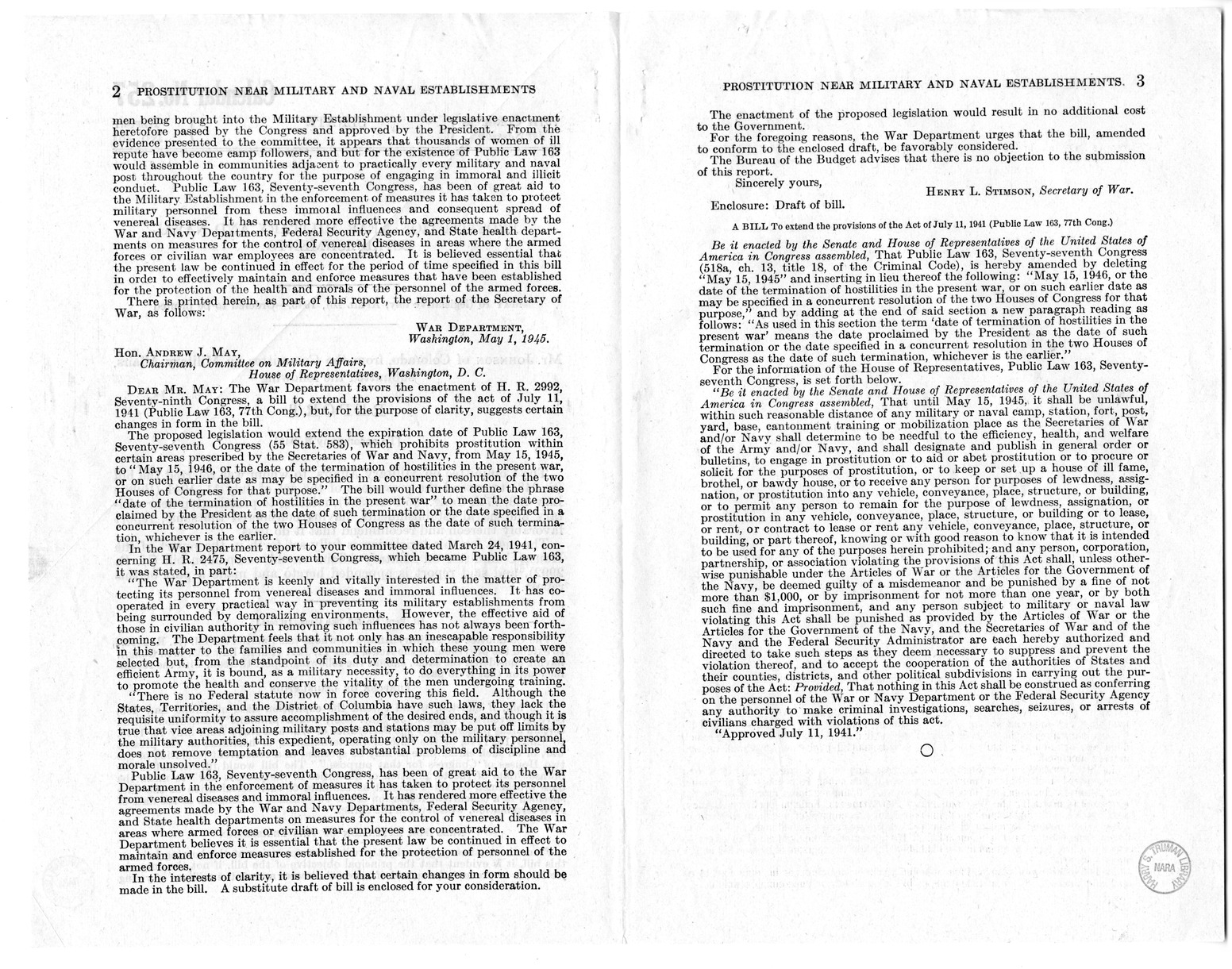 Memorandum from Frederick J. Bailey to M. C. Latta, H. R. 2992, Extend the Provisions of Public Law 163, Seventy-Seventh Congress, with Attachments