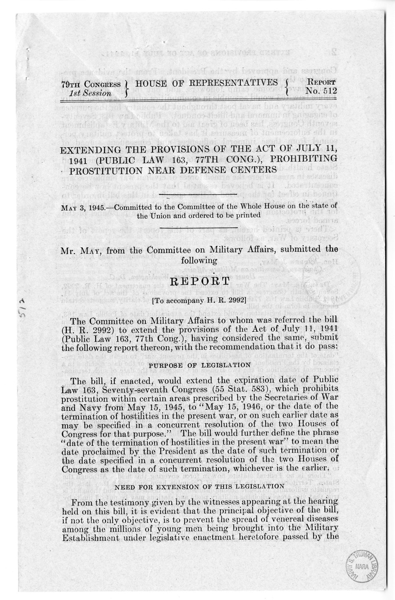 Memorandum from Frederick J. Bailey to M. C. Latta, H. R. 2992, Extend the Provisions of Public Law 163, Seventy-Seventh Congress, with Attachments