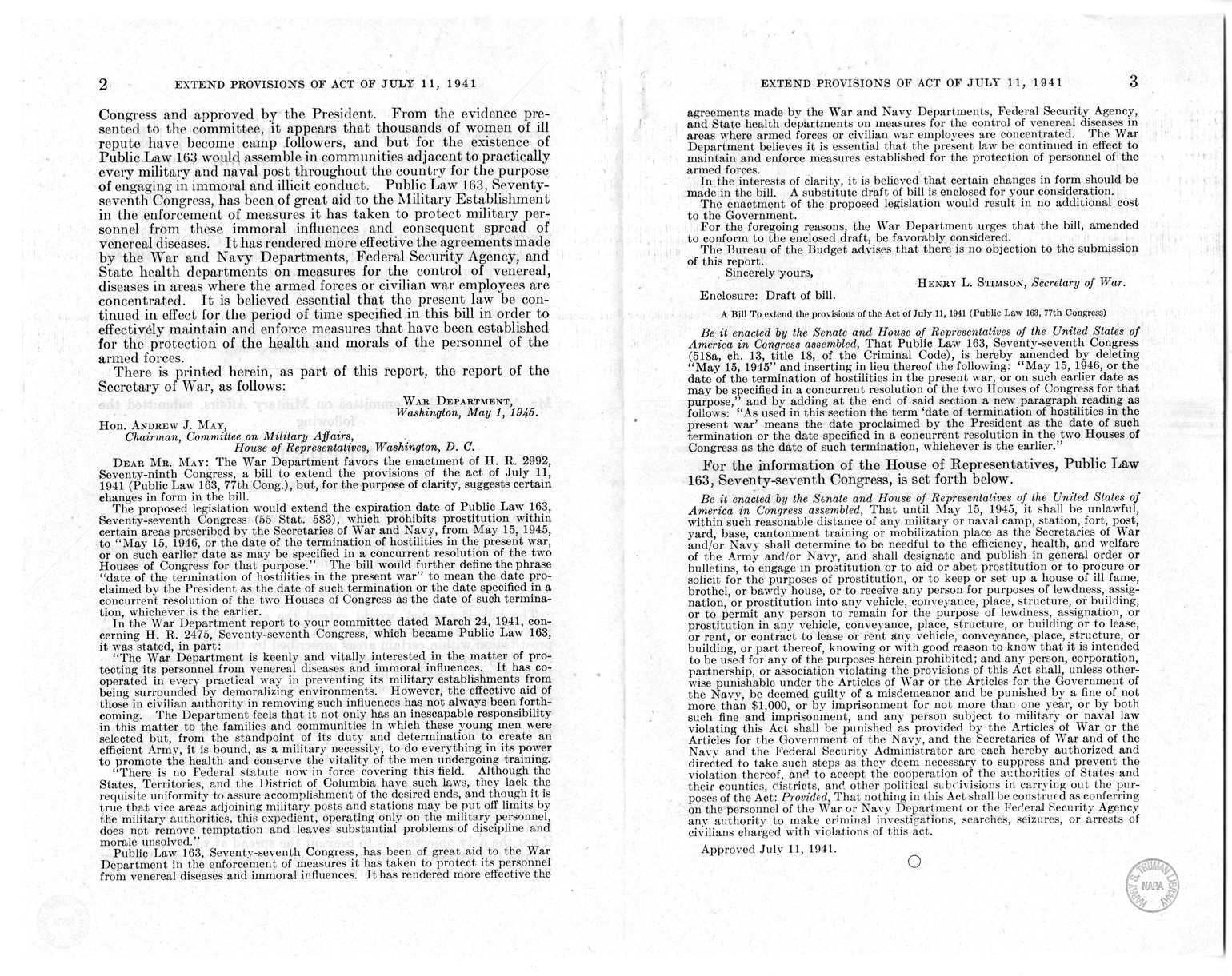 Memorandum from Frederick J. Bailey to M. C. Latta, H. R. 2992, Extend the Provisions of Public Law 163, Seventy-Seventh Congress, with Attachments