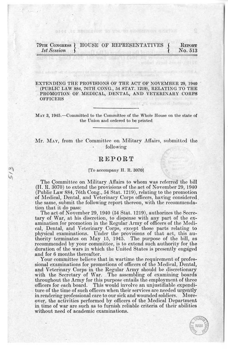 Memorandum from Frederick J. Bailey to M. C. Latta, H. R. 3070, to Extend Provision of Public Law 884, Seventy-sixth Congress, with Attachments