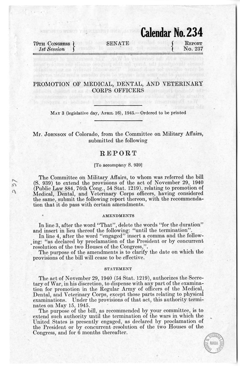 Memorandum from Frederick J. Bailey to M. C. Latta, H. R. 3070, to Extend Provision of Public Law 884, Seventy-sixth Congress, with Attachments