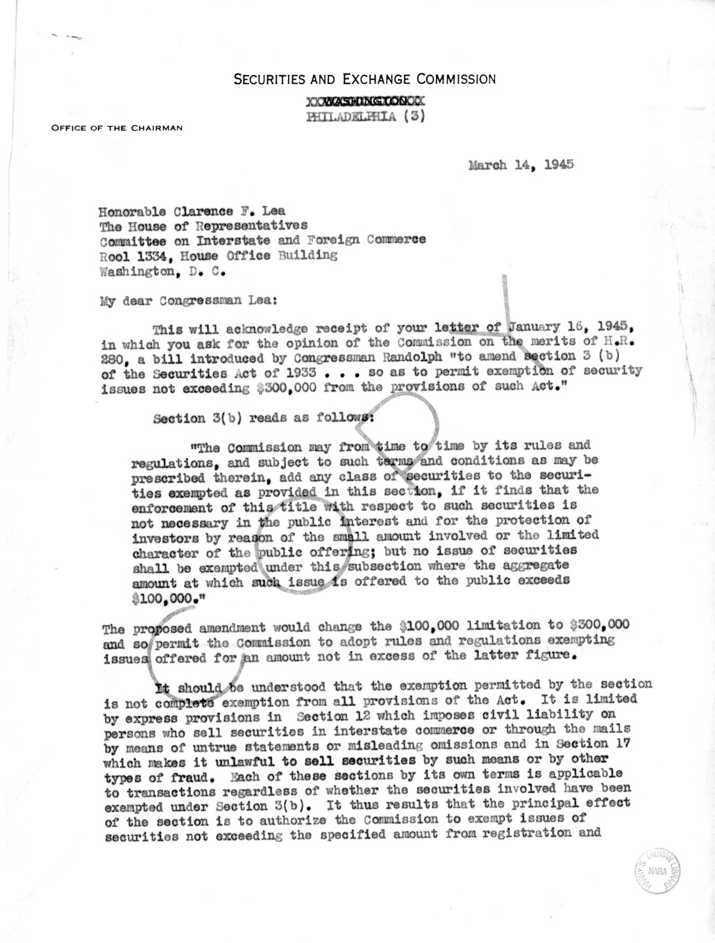 Memorandum from Harold D. Smith to M.C. Latta, S. 62, To Amend Sections 3(b) of the Securities Act of 1933, as Amended, with Attachments
