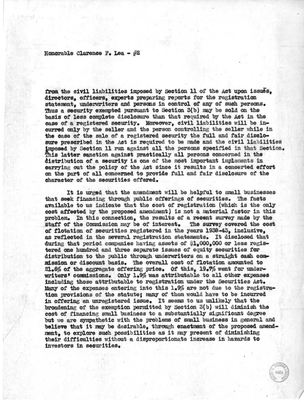 Memorandum from Harold D. Smith to M.C. Latta, S. 62, To Amend Sections 3(b) of the Securities Act of 1933, as Amended, with Attachments