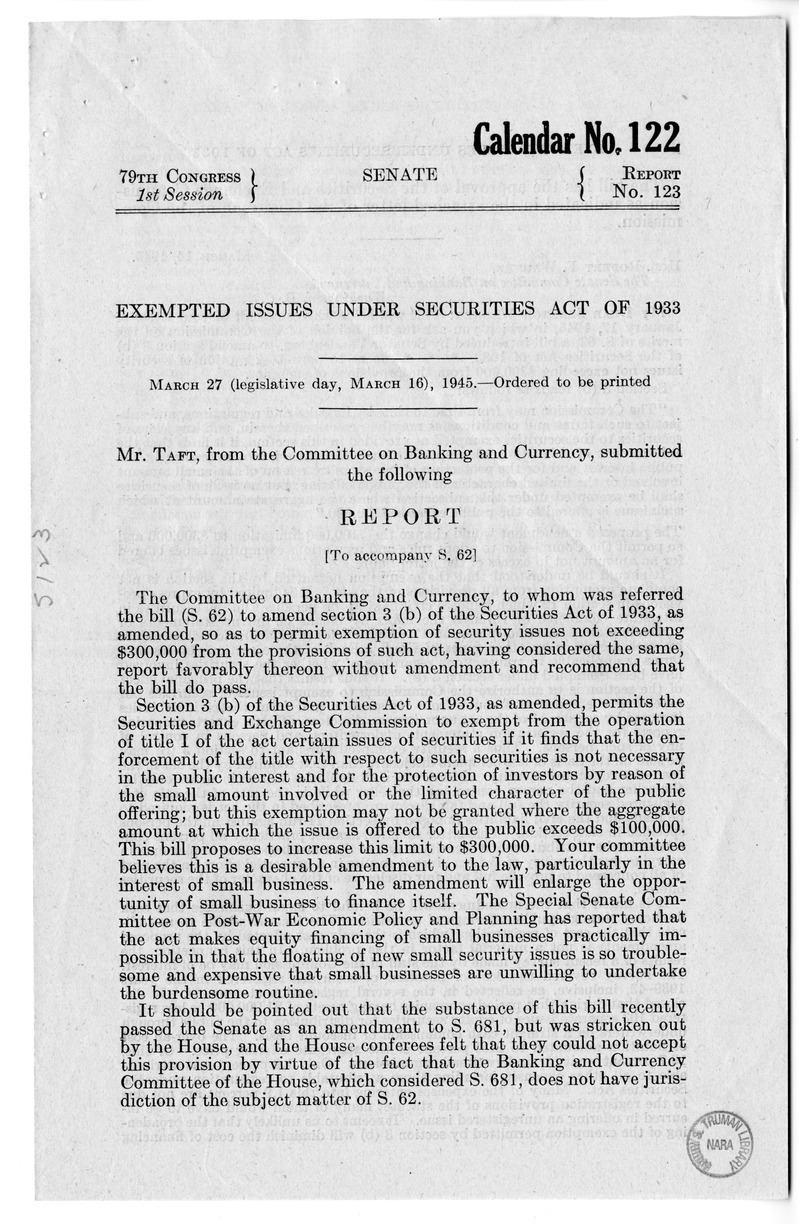 Memorandum from Harold D. Smith to M.C. Latta, S. 62, To Amend Sections 3(b) of the Securities Act of 1933, as Amended, with Attachments