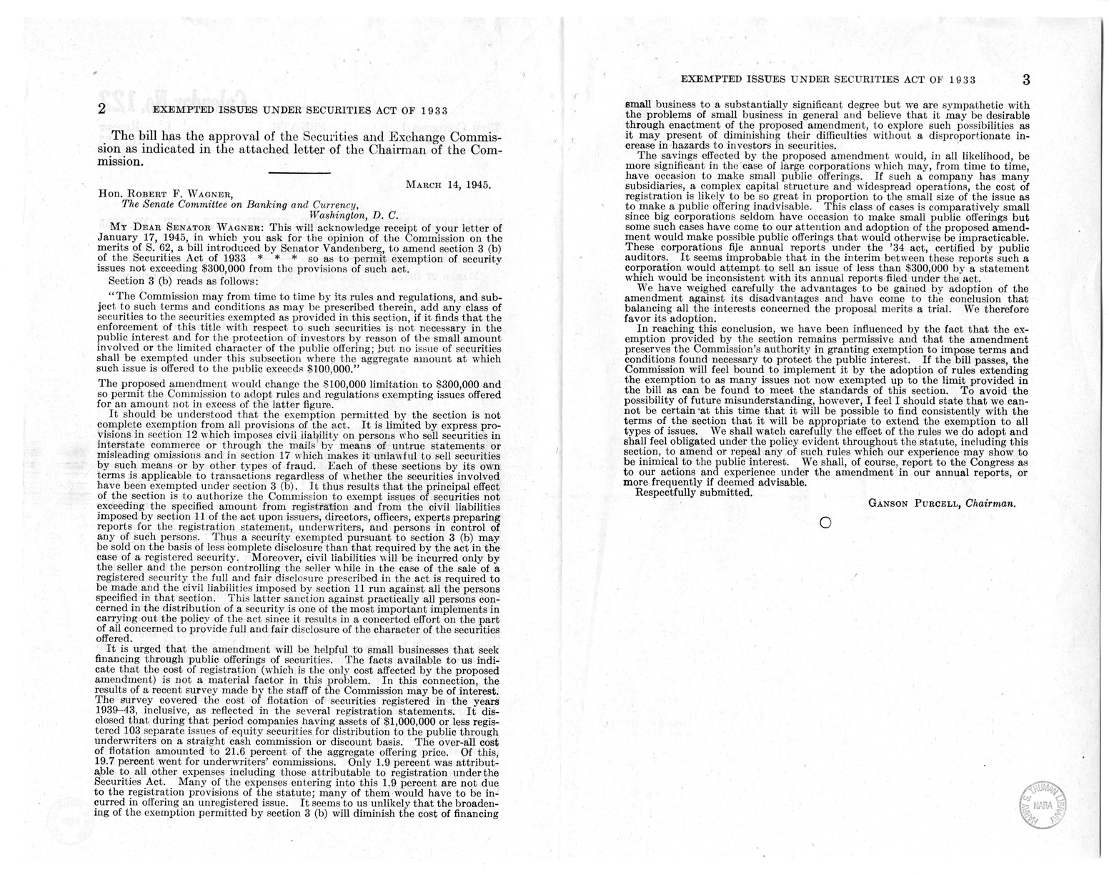 Memorandum from Harold D. Smith to M.C. Latta, S. 62, To Amend Sections 3(b) of the Securities Act of 1933, as Amended, with Attachments
