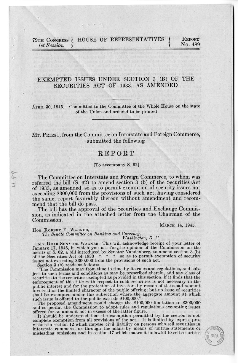 Memorandum from Harold D. Smith to M.C. Latta, S. 62, To Amend Sections 3(b) of the Securities Act of 1933, as Amended, with Attachments