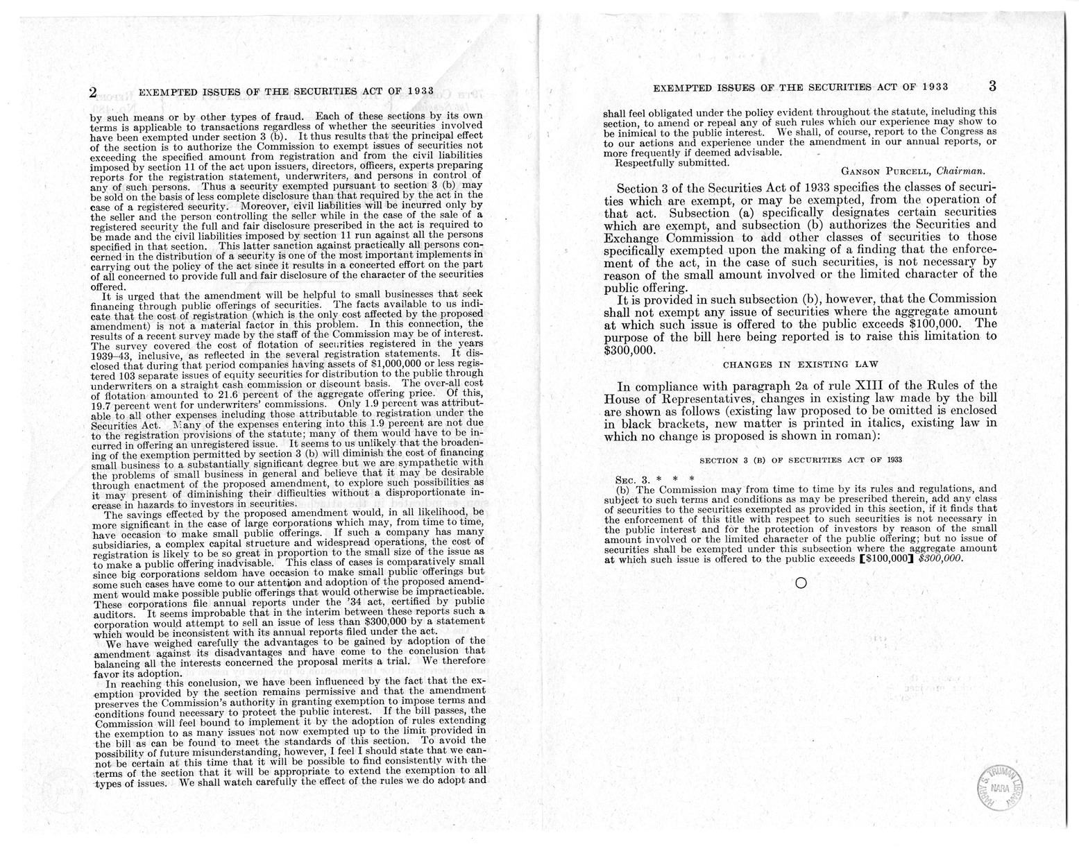 Memorandum from Harold D. Smith to M.C. Latta, S. 62, To Amend Sections 3(b) of the Securities Act of 1933, as Amended, with Attachments