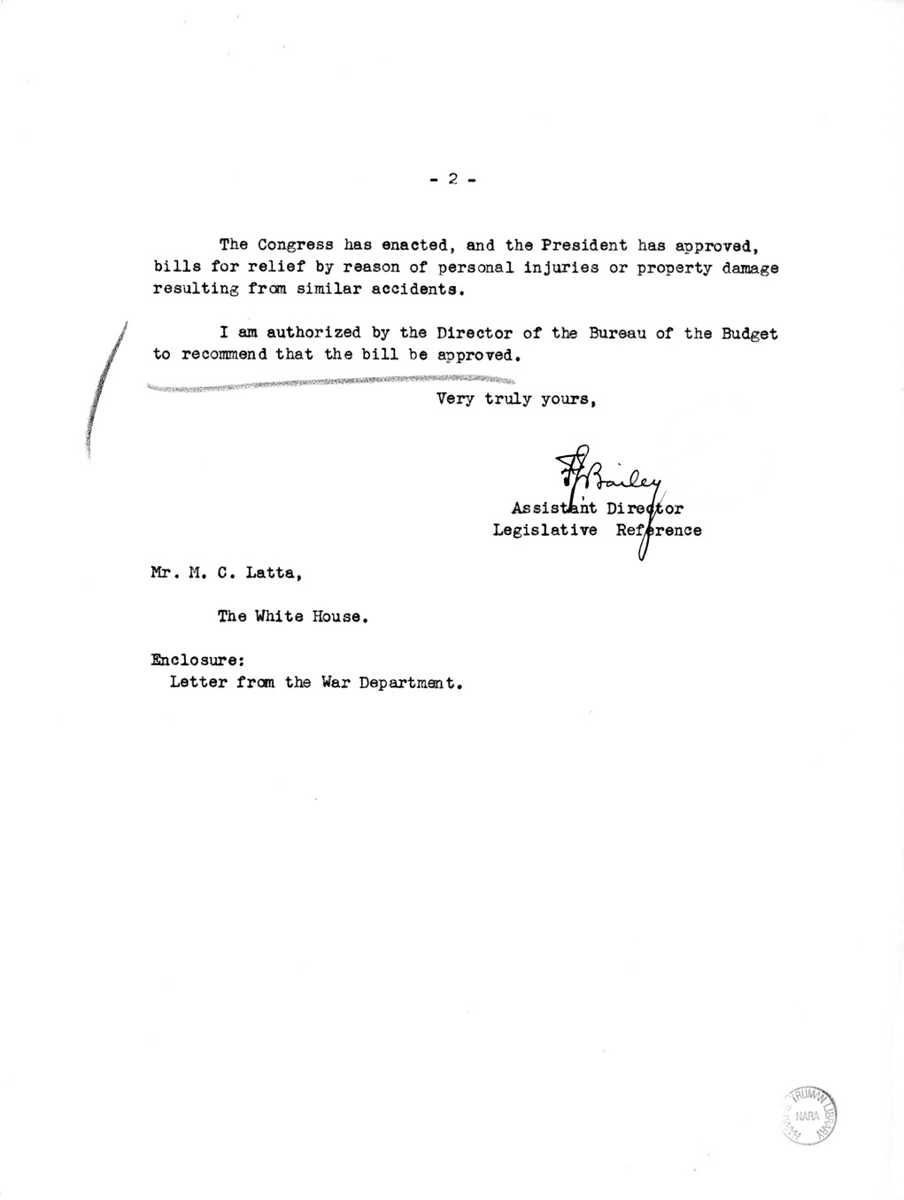 Memorandum from Frederick J. Bailey to M. C. Latta, S. 70, For the Relief of Maria Manriquez Ruiz, with Attachments