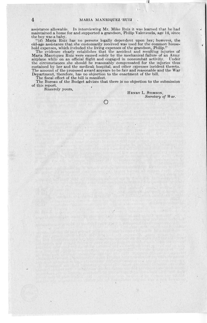 Memorandum from Frederick J. Bailey to M. C. Latta, S. 70, For the Relief of Maria Manriquez Ruiz, with Attachments