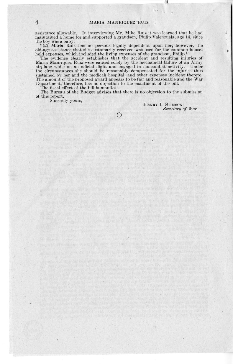 Memorandum from Frederick J. Bailey to M. C. Latta, S. 70, For the Relief of Maria Manriquez Ruiz, with Attachments
