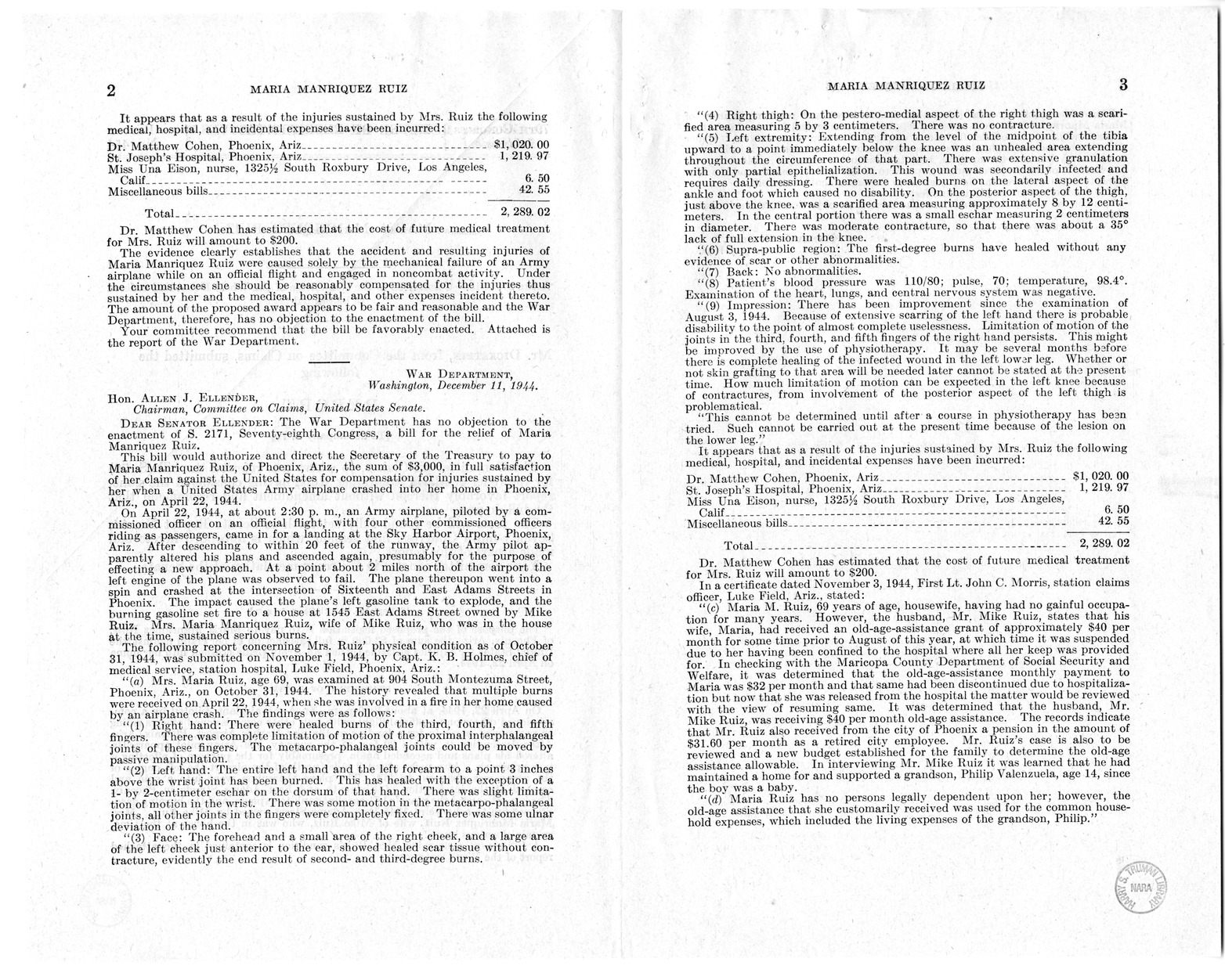 Memorandum from Frederick J. Bailey to M. C. Latta, S. 70, For the Relief of Maria Manriquez Ruiz, with Attachments