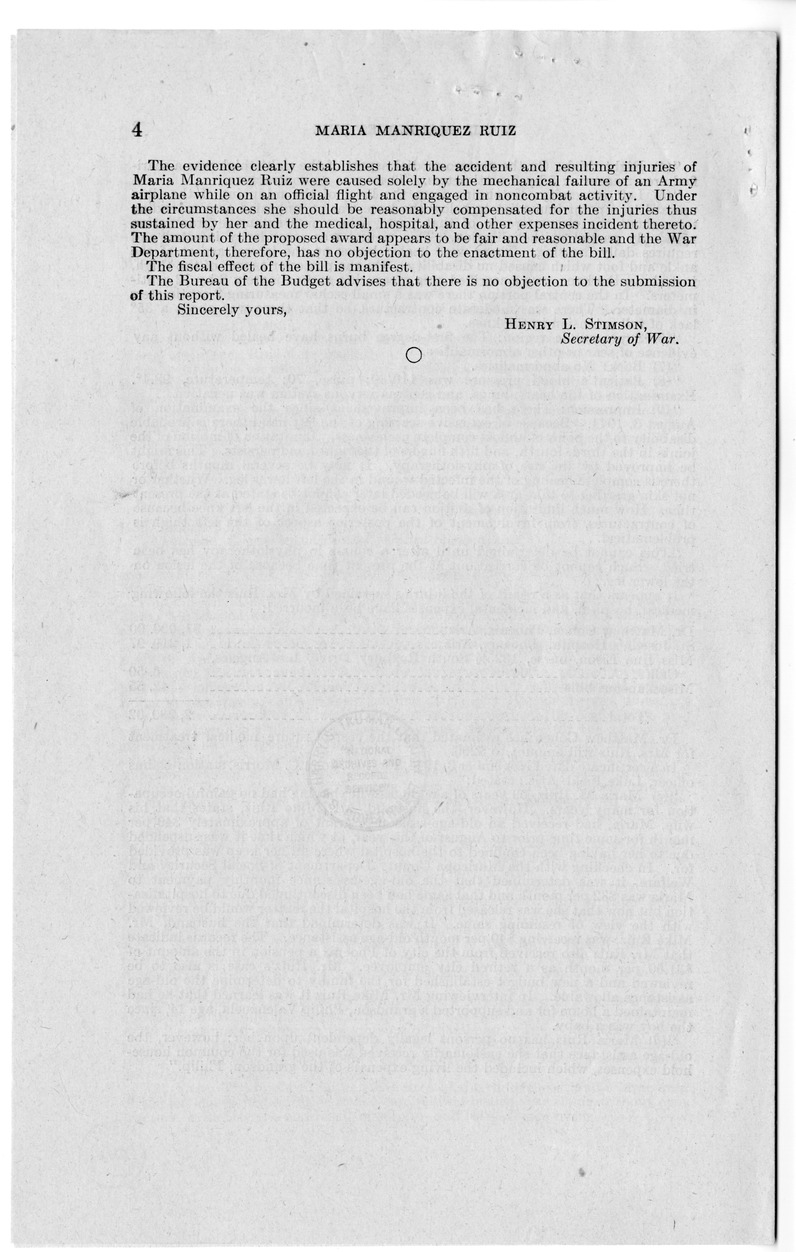 Memorandum from Frederick J. Bailey to M. C. Latta, S. 70, For the Relief of Maria Manriquez Ruiz, with Attachments