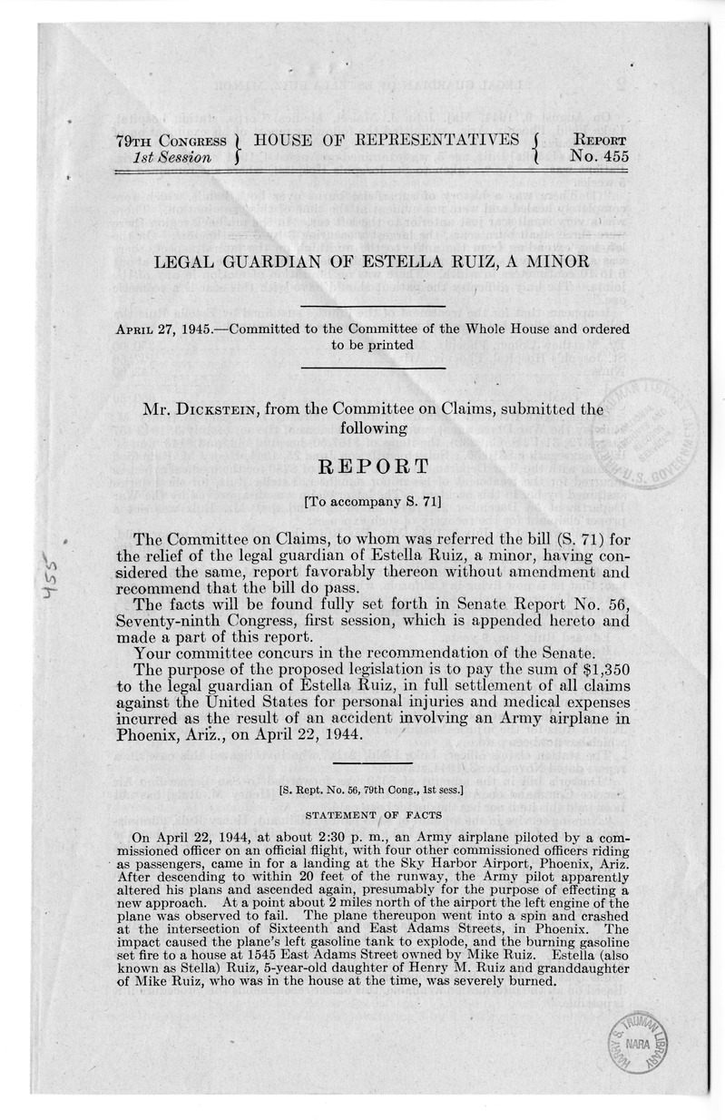 Memorandum from Frederick J. Bailey to M.C. Latta, S. 71, For the Relief of the Legal Guardian of Estella Ruiz, with Attachments