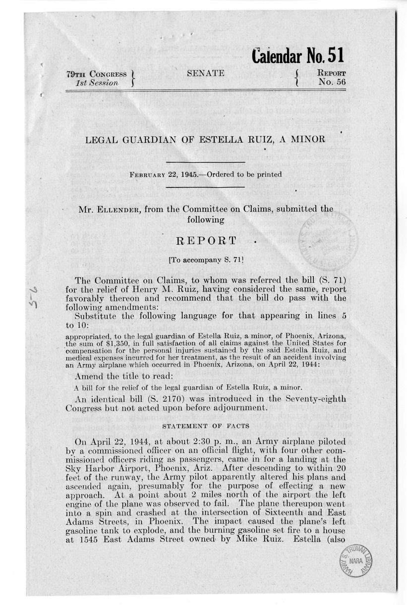 Memorandum from Frederick J. Bailey to M.C. Latta, S. 71, For the Relief of the Legal Guardian of Estella Ruiz, with Attachments