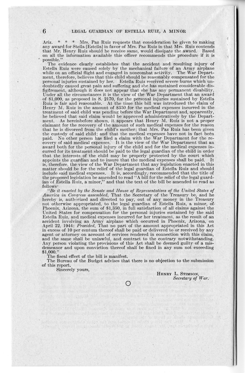 Memorandum from Frederick J. Bailey to M.C. Latta, S. 71, For the Relief of the Legal Guardian of Estella Ruiz, with Attachments