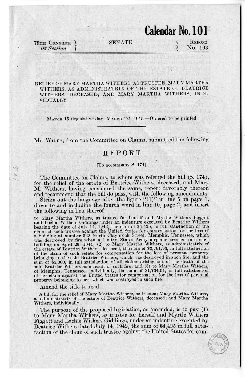 Memorandum from Frederick J. Bailey to M. C. Latta, S. 174, for the Relief of Mary Martha Withers, with Attachments