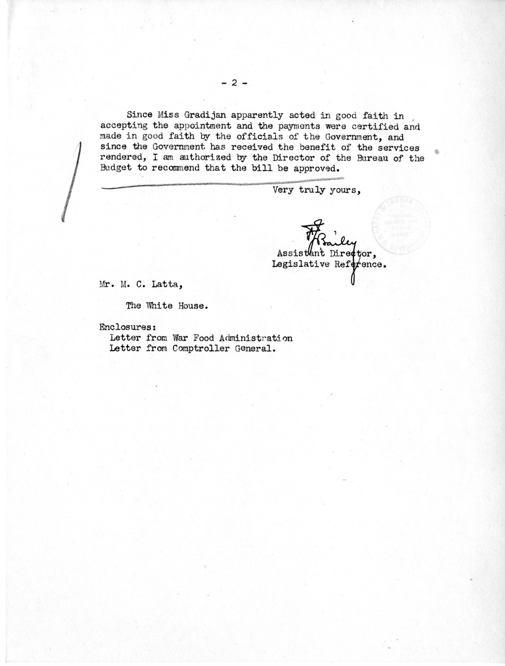 Memorandum from Frederick J. Bailey to M. C. Latta, S. 316, For the Relief of June I. Gradijan, with Attachments