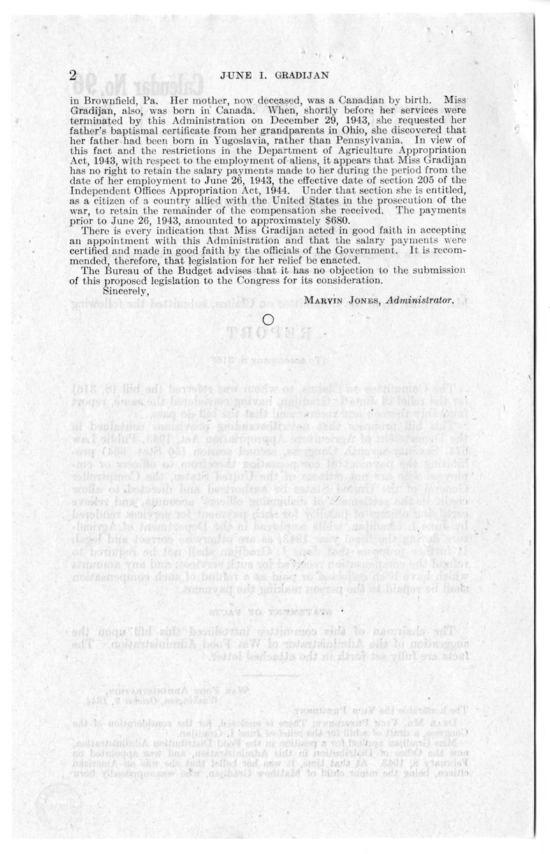 Memorandum from Frederick J. Bailey to M. C. Latta, S. 316, For the Relief of June I. Gradijan, with Attachments