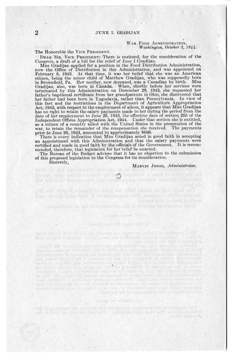 Memorandum from Frederick J. Bailey to M. C. Latta, S. 316, For the Relief of June I. Gradijan, with Attachments