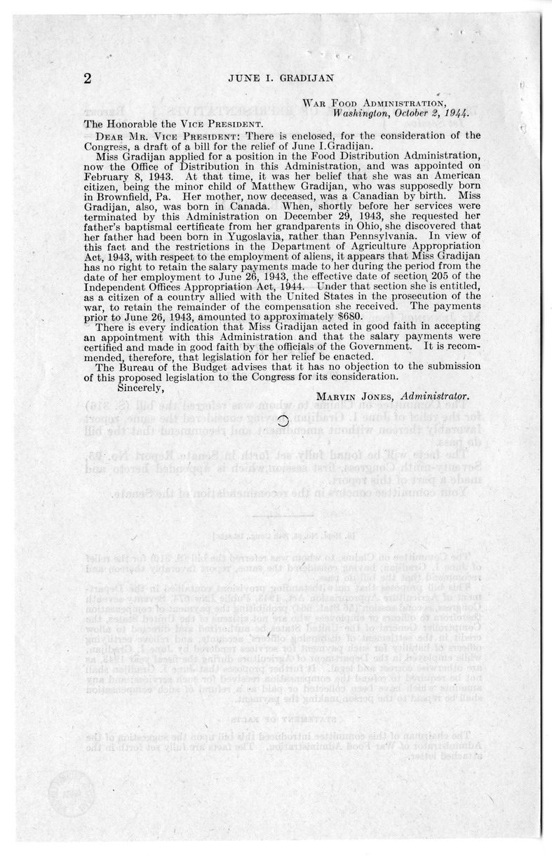 Memorandum from Frederick J. Bailey to M. C. Latta, S. 316, For the Relief of June I. Gradijan, with Attachments