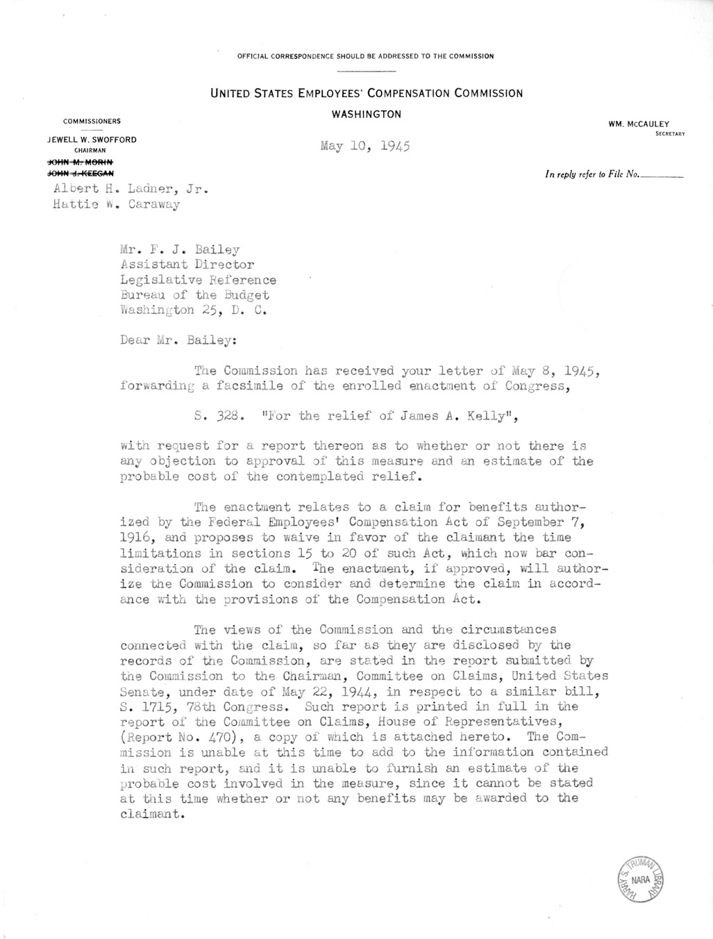 Memorandum from Frederick J. Bailey to M. C. Latta, S. 328, for the Relief of James A. Kelly, with Attachments