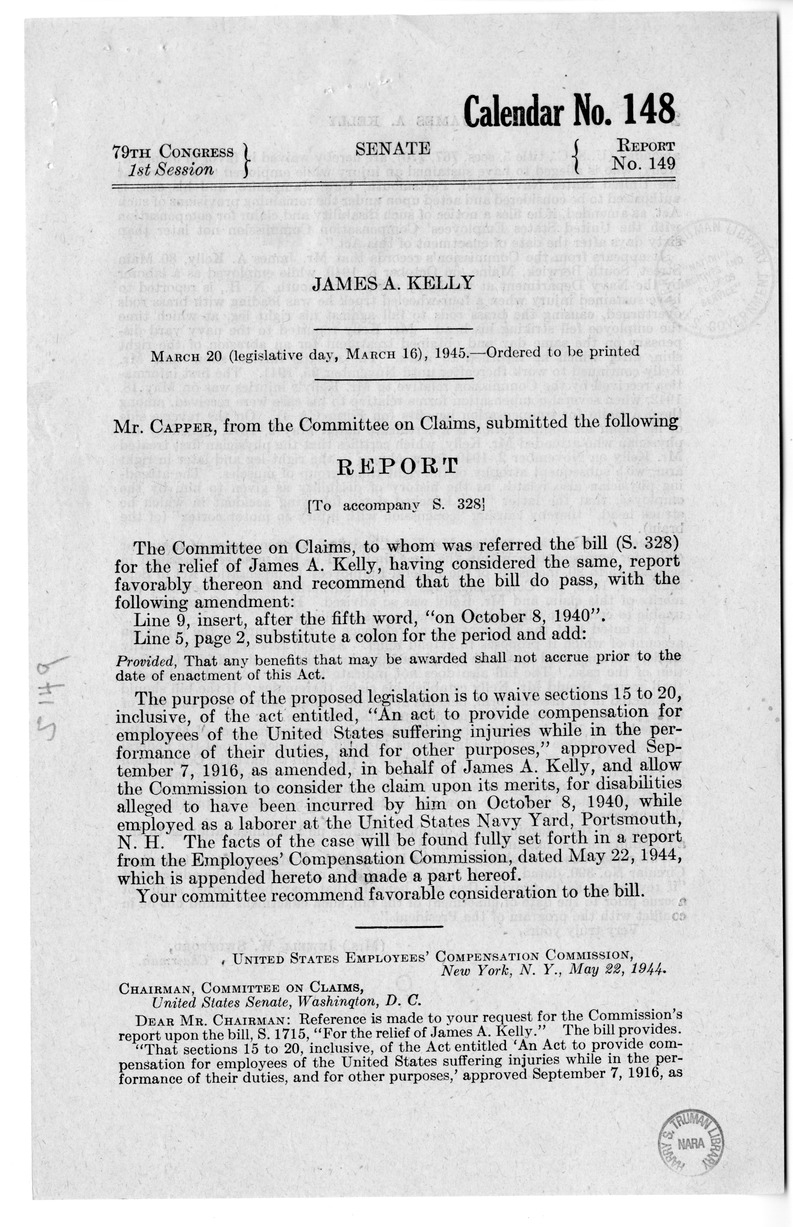 Memorandum from Frederick J. Bailey to M. C. Latta, S. 328, for the Relief of James A. Kelly, with Attachments