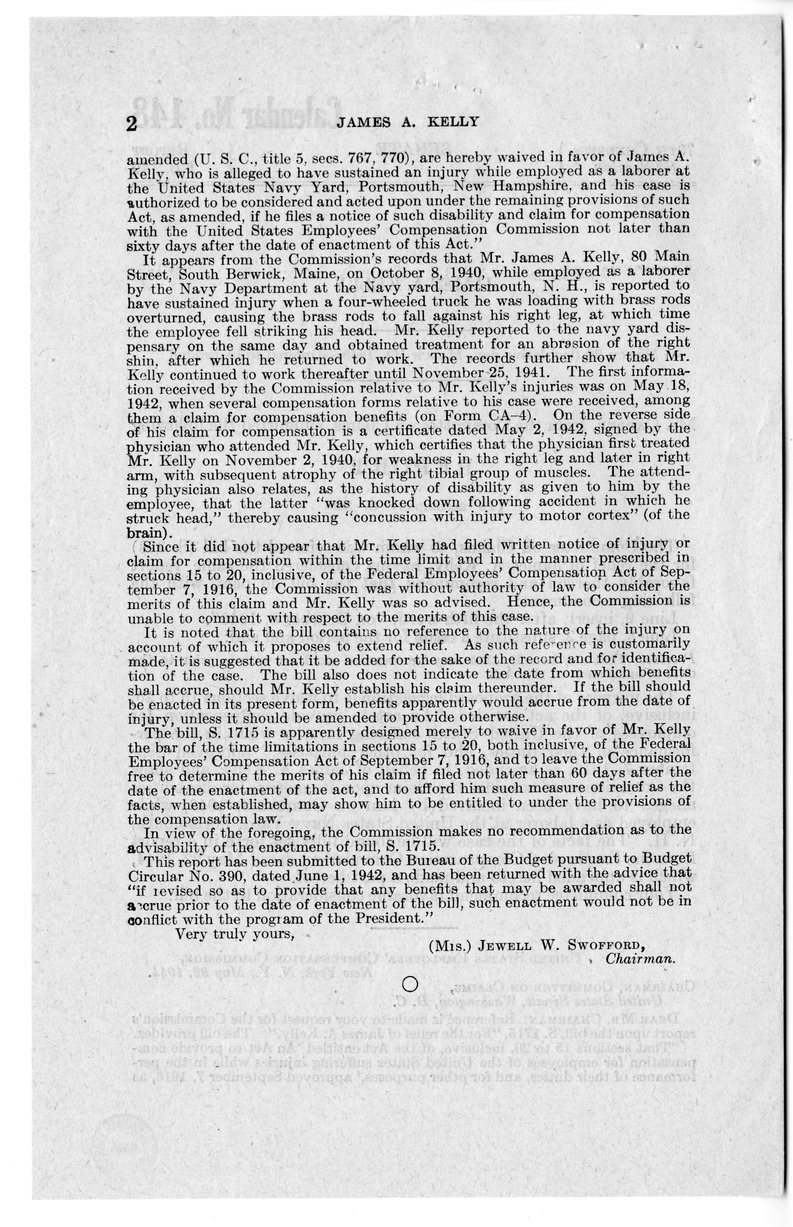 Memorandum from Frederick J. Bailey to M. C. Latta, S. 328, for the Relief of James A. Kelly, with Attachments