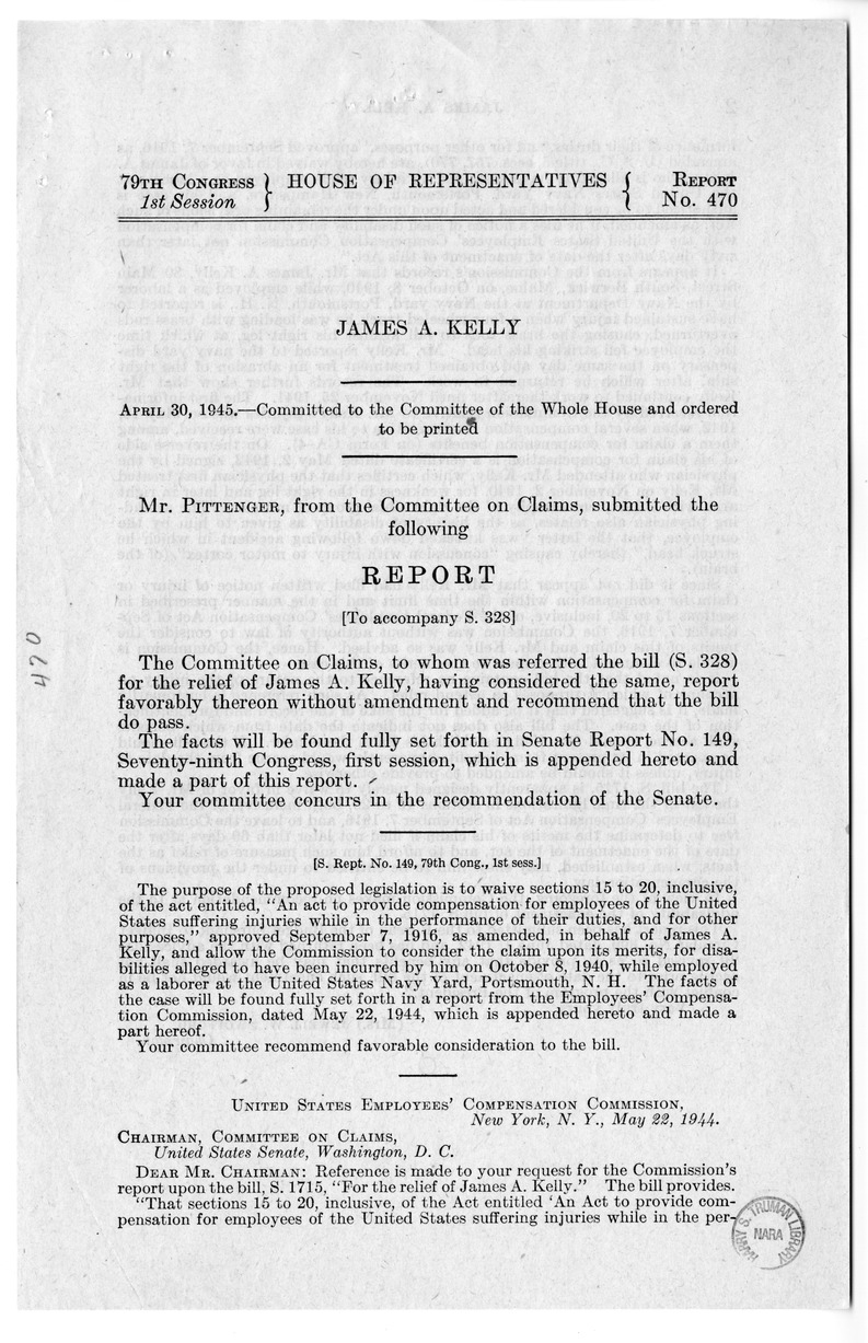 Memorandum from Frederick J. Bailey to M. C. Latta, S. 328, for the Relief of James A. Kelly, with Attachments