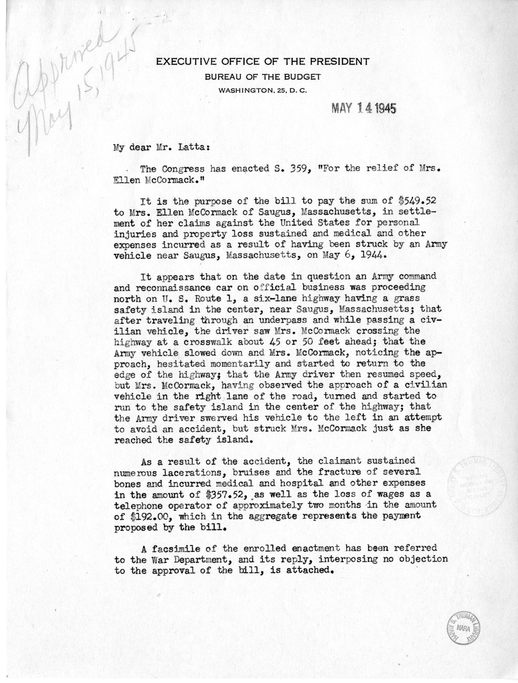 Memorandum from Frederick J. Bailey to M. C. Latta, S. 359, for the Relief of Mrs. Ellen McCormack, with Attachments