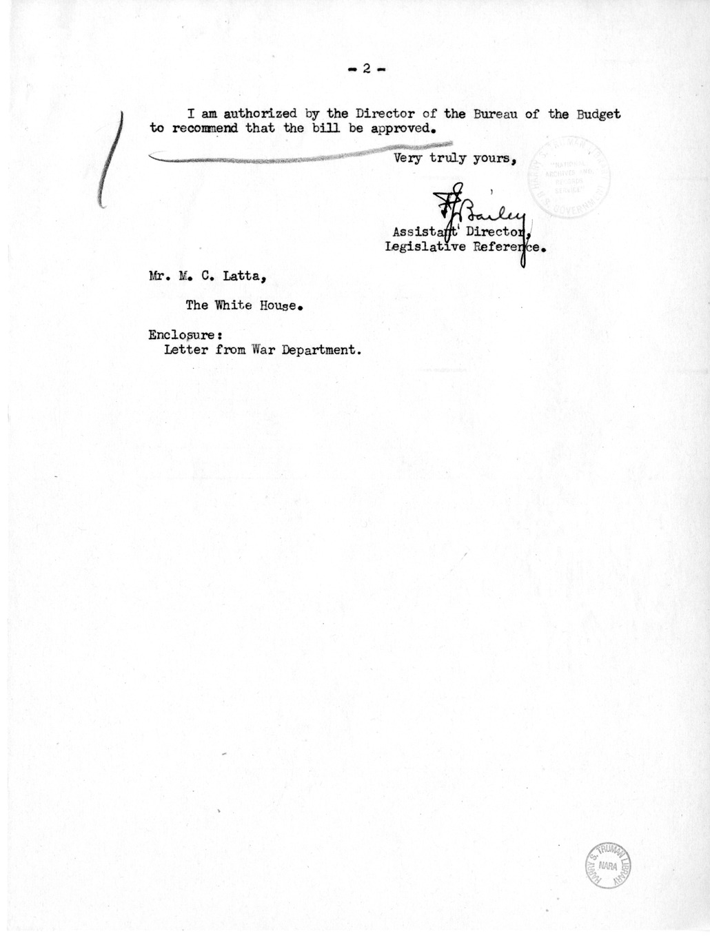 Memorandum from Frederick J. Bailey to M. C. Latta, S. 359, for the Relief of Mrs. Ellen McCormack, with Attachments