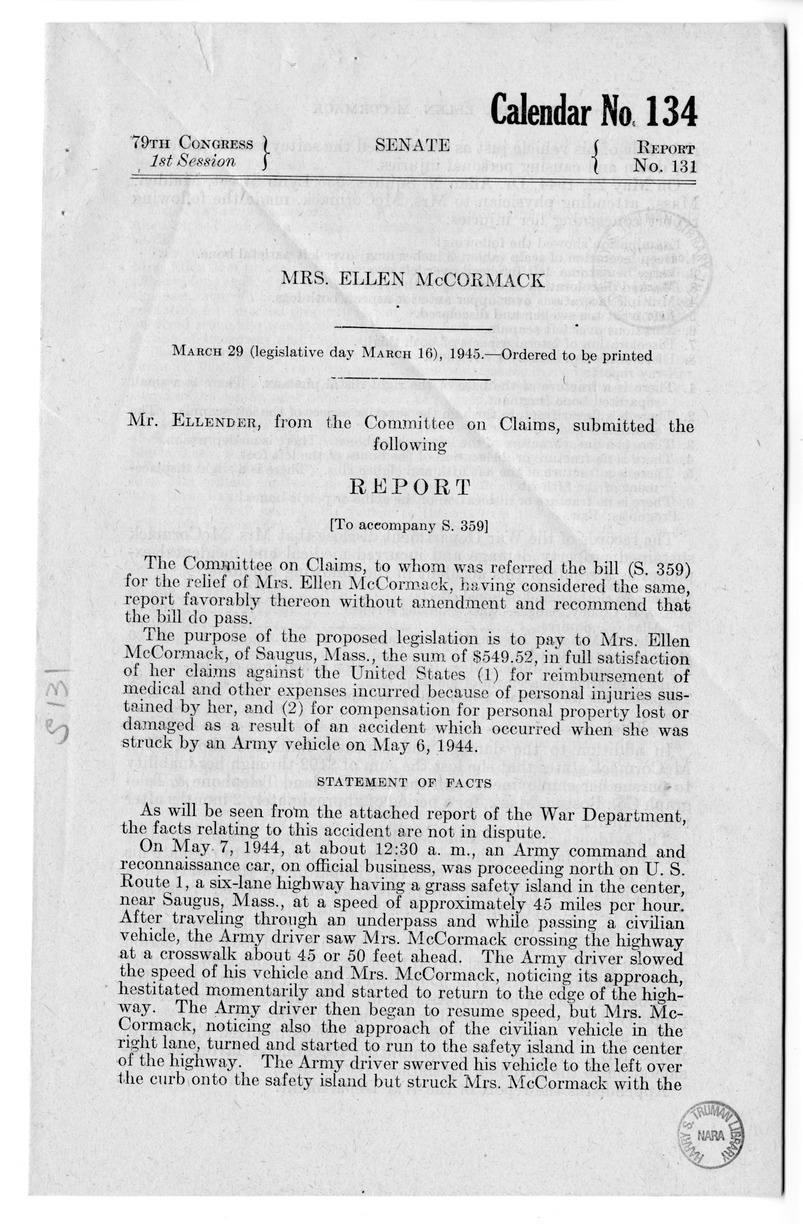 Memorandum from Frederick J. Bailey to M. C. Latta, S. 359, for the Relief of Mrs. Ellen McCormack, with Attachments