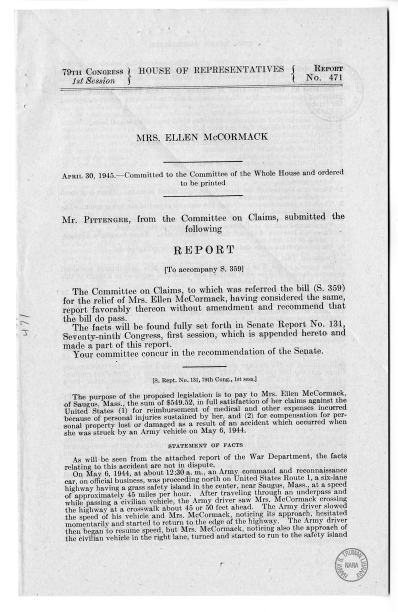 Memorandum from Frederick J. Bailey to M. C. Latta, S. 359, for the Relief of Mrs. Ellen McCormack, with Attachments