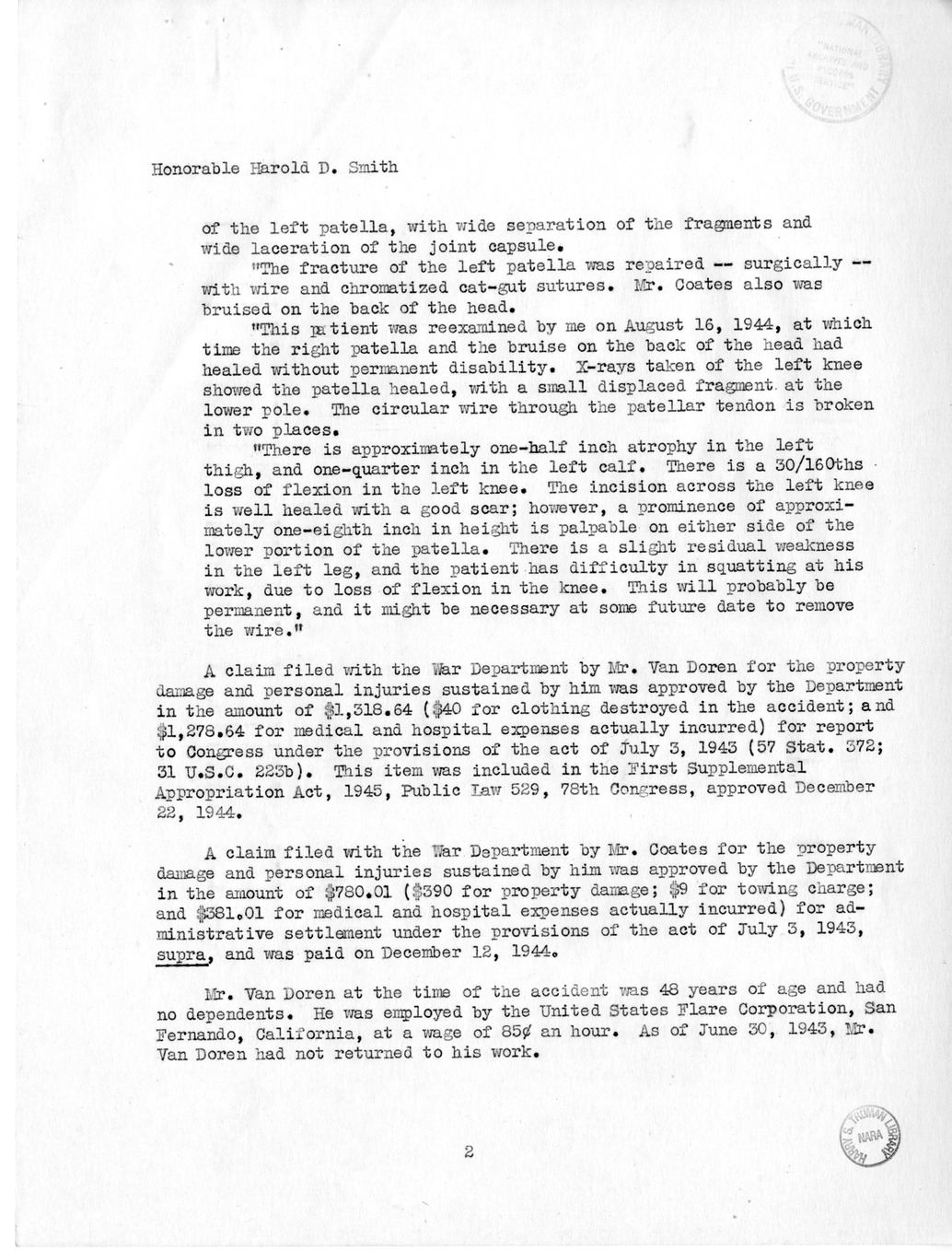 Memorandum from Frederick J. Bailey to M. C. Latta, S. 407, For the Relief of Pierce William Van Doren and Elmer J. Coates, with Attachments