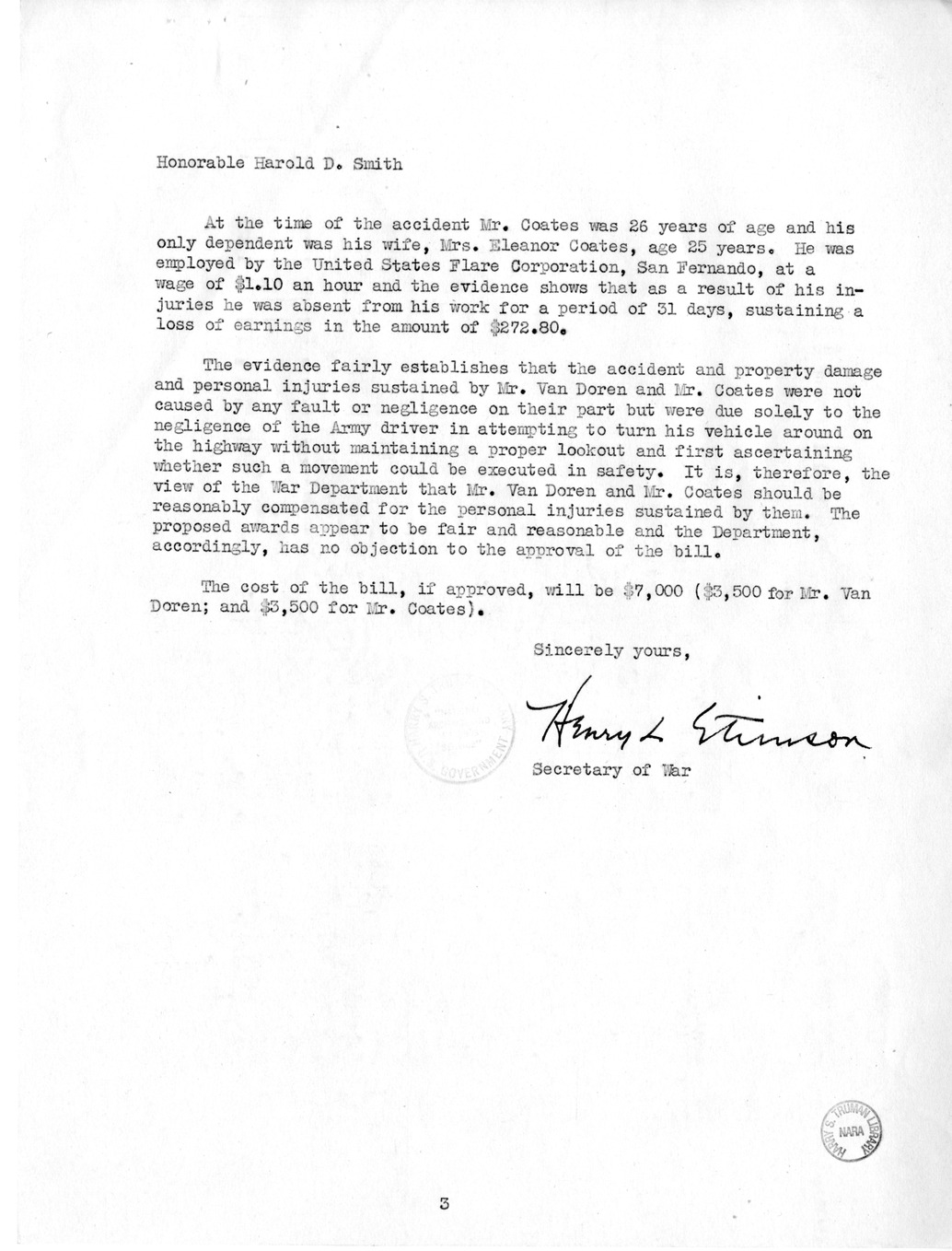Memorandum from Frederick J. Bailey to M. C. Latta, S. 407, For the Relief of Pierce William Van Doren and Elmer J. Coates, with Attachments