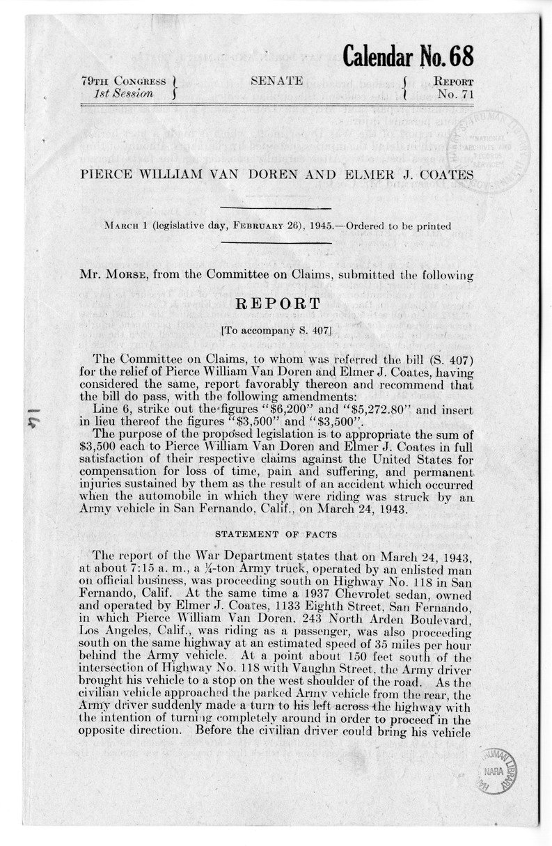 Memorandum from Frederick J. Bailey to M. C. Latta, S. 407, For the Relief of Pierce William Van Doren and Elmer J. Coates, with Attachments