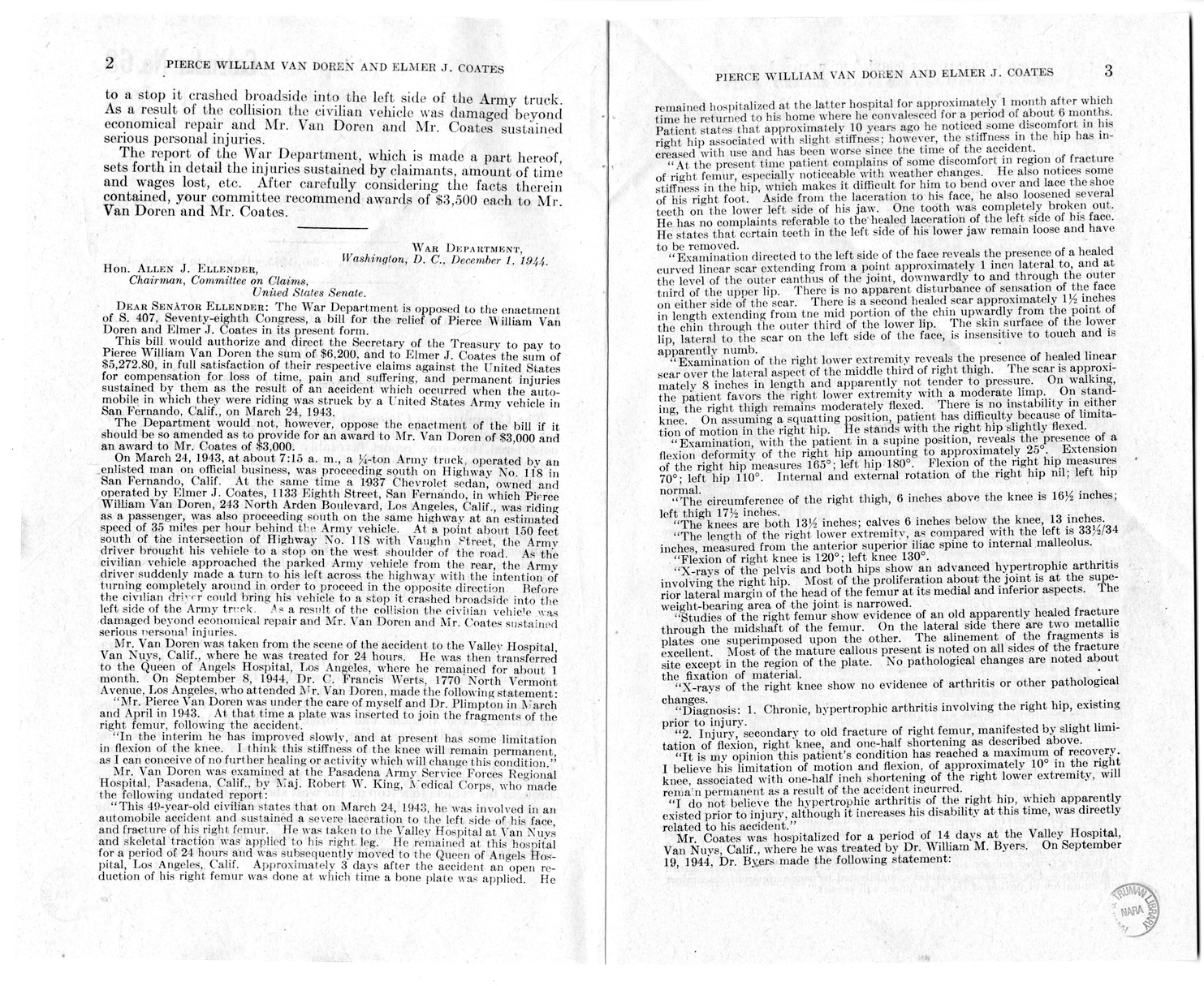 Memorandum from Frederick J. Bailey to M. C. Latta, S. 407, For the Relief of Pierce William Van Doren and Elmer J. Coates, with Attachments