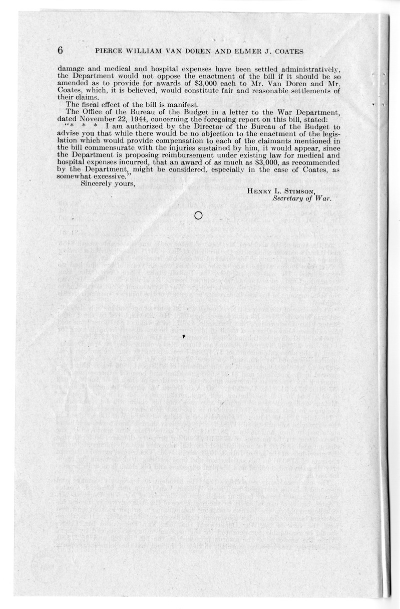 Memorandum from Frederick J. Bailey to M. C. Latta, S. 407, For the Relief of Pierce William Van Doren and Elmer J. Coates, with Attachments