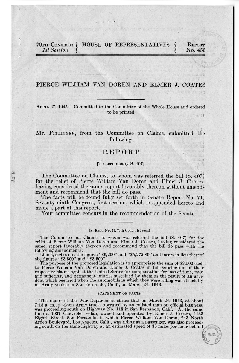 Memorandum from Frederick J. Bailey to M. C. Latta, S. 407, For the Relief of Pierce William Van Doren and Elmer J. Coates, with Attachments