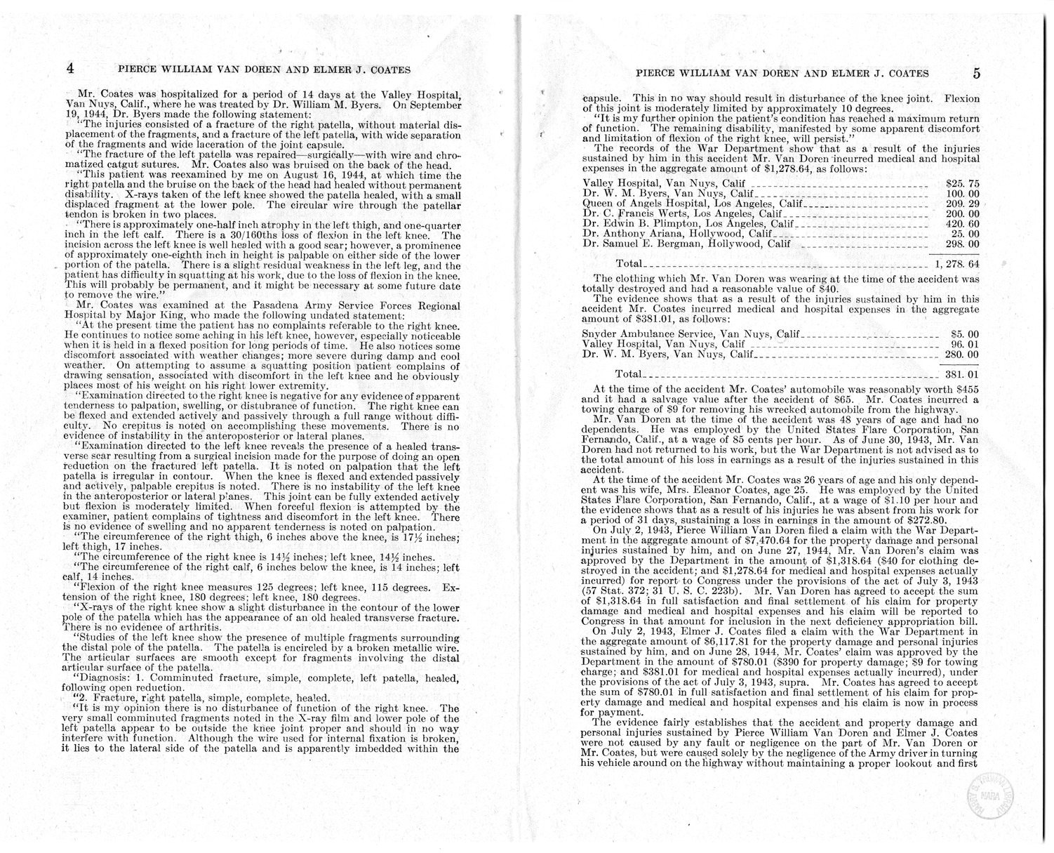 Memorandum from Frederick J. Bailey to M. C. Latta, S. 407, For the Relief of Pierce William Van Doren and Elmer J. Coates, with Attachments