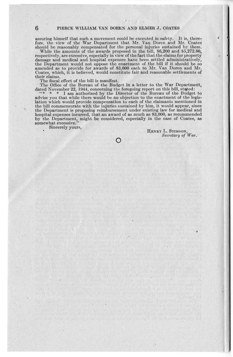 Memorandum from Frederick J. Bailey to M. C. Latta, S. 407, For the Relief of Pierce William Van Doren and Elmer J. Coates, with Attachments