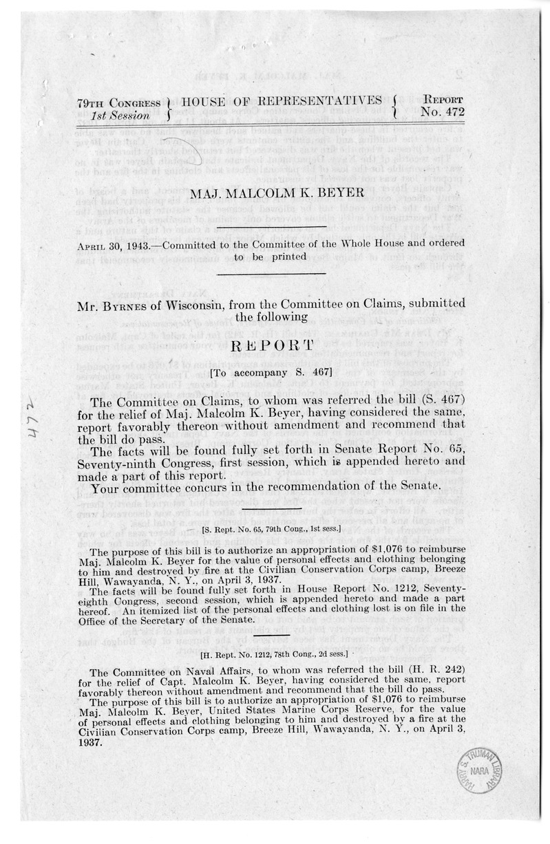 Memorandum from Frederick J. Bailey to M. C. Latta, S. 467, for the Relief of Major Malcolm K. Beyer, with Attachments