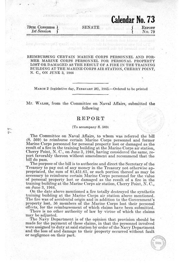 Memorandum from Frederick J. Bailey to M. C. Latta, S. 569, Personal Property Lost or Damaged as a Result of a Fire in the Training Building at the Marine Corps Air Station, Cherry Point, North Carolina, on June 3, 1944, with Attachments