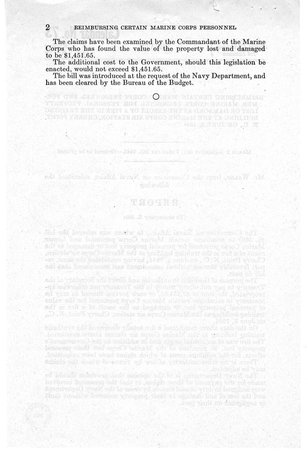 Memorandum from Frederick J. Bailey to M. C. Latta, S. 569, Personal Property Lost or Damaged as a Result of a Fire in the Training Building at the Marine Corps Air Station, Cherry Point, North Carolina, on June 3, 1944, with Attachments